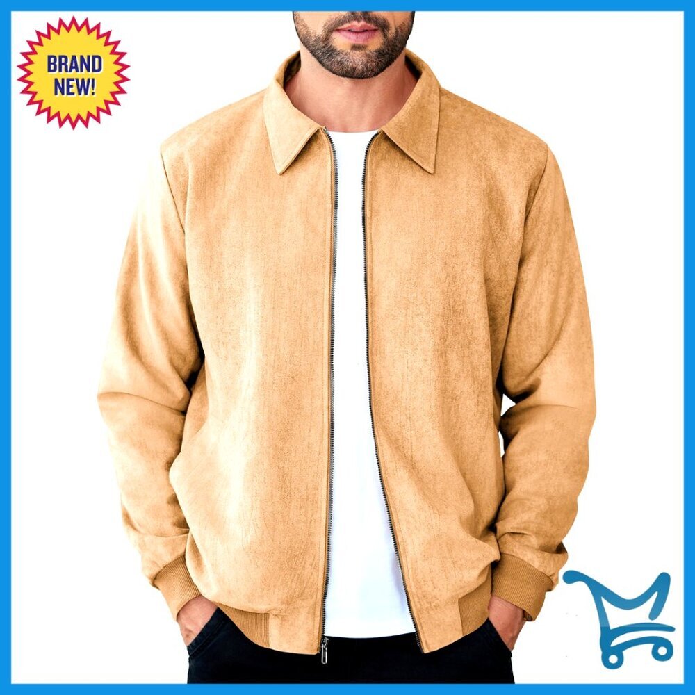 Men's Lightweight Faux Suede Bomber Jacket Full Zip Vintage Casual